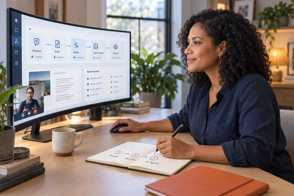 Illustrative learner in a bright home workspace, building an AI workflow on an ultrawide monitor with a live instructor video window and a notebook mapping prompts, workflows and agents.