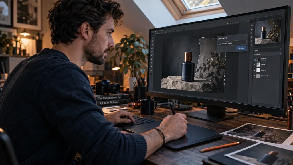 Illustrative Adobe Pro 2-Day AI Intro scene: a focused AI-assisted task and reviewed first result.