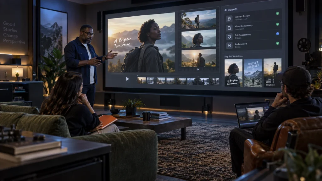 Illustrative Adobe Pro 10-Day AI MasterClass scene: a creative owner coordinating a team and reviewing a complete AI-assisted project.