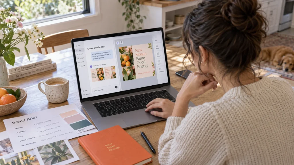 Illustrative Canva Pro 2-Day AI Intro scene: a focused AI-assisted task and reviewed first result.