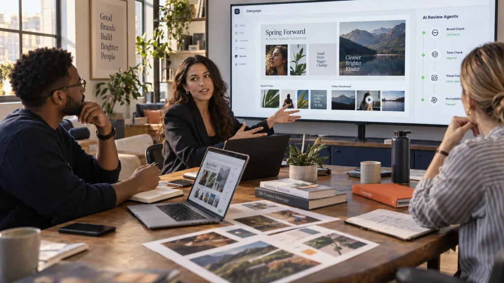 Illustrative Canva Pro 10-Day AI MasterClass scene: a creative owner coordinating a team and reviewing a complete AI-assisted project.