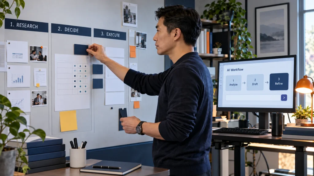 Illustrative CEO Intensive scene: a leader tests a research-to-decision workflow beside an operating plan.