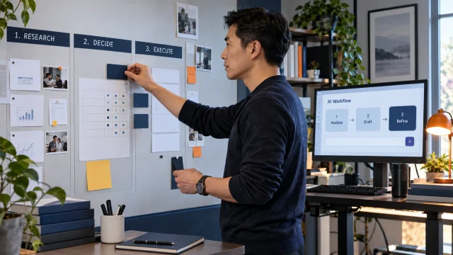 Illustrative CEO Intensive scene: a leader tests a research-to-decision workflow beside an operating plan.