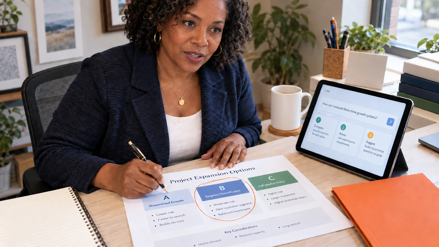Illustrative CEO Intro scene: a business leader looks forward as if speaking with someone across the desk, beside a structured AI prompt and a three-option decision brief.