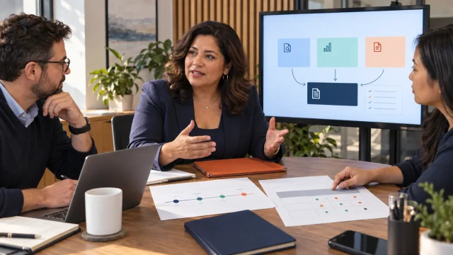 Illustrative CEO AI MasterClass scene: a leader reviews coordinated research, scenarios and an operating plan with colleagues.
