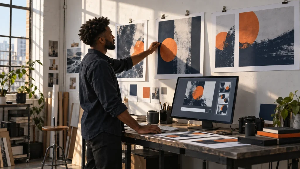 Illustrative Creative Director Intensive scene: a designer builds a repeatable concept, variation and adaptation workflow.