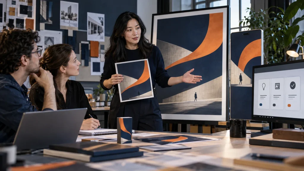 Illustrative Creative Director AI MasterClass scene: a director reviews a coordinated, finished campaign across formats.