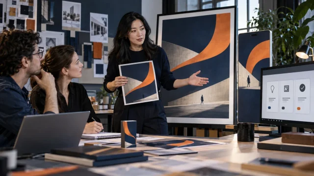 Illustrative Creative Director AI MasterClass scene: a director reviews a coordinated, finished campaign across formats.