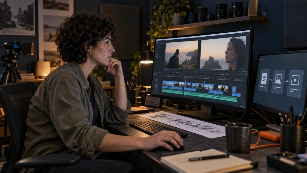 Illustrative scene of a filmmaker connecting storyboard, shot development and edit review in an editing suite.
