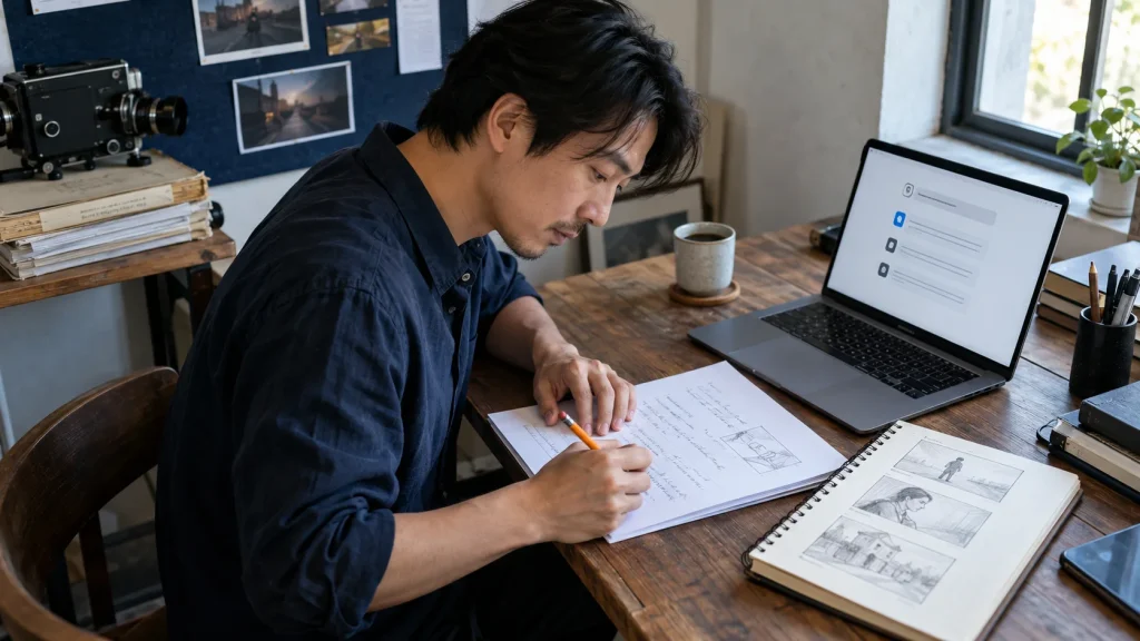 Illustrative scene of a filmmaker developing a focused scene brief with a notebook, story frames and an AI conversation.