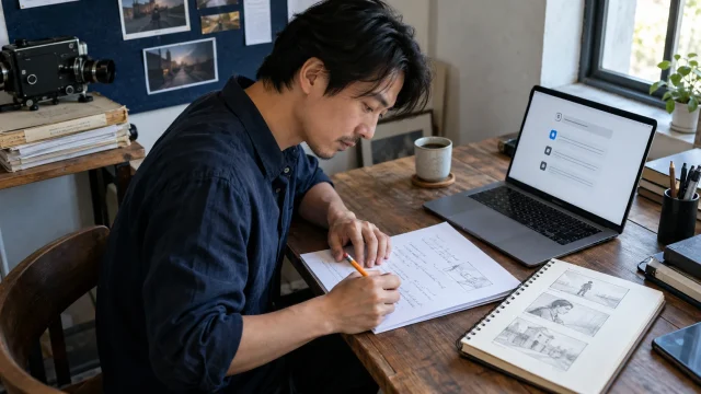 Illustrative scene of a filmmaker developing a focused scene brief with a notebook, story frames and an AI conversation.
