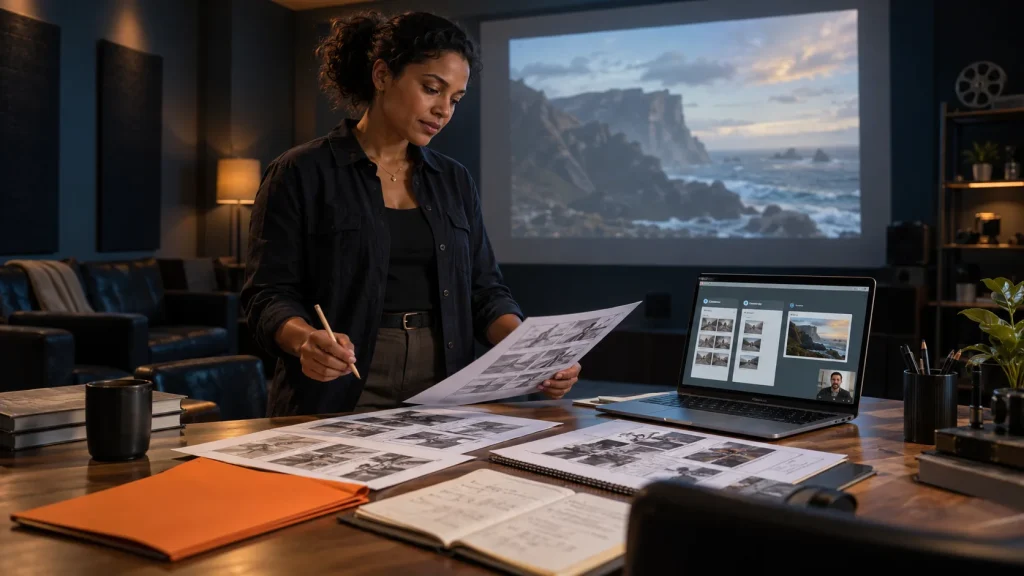 Illustrative scene of a film director reviewing a completed short-film project and coordinated production materials in a screening room.