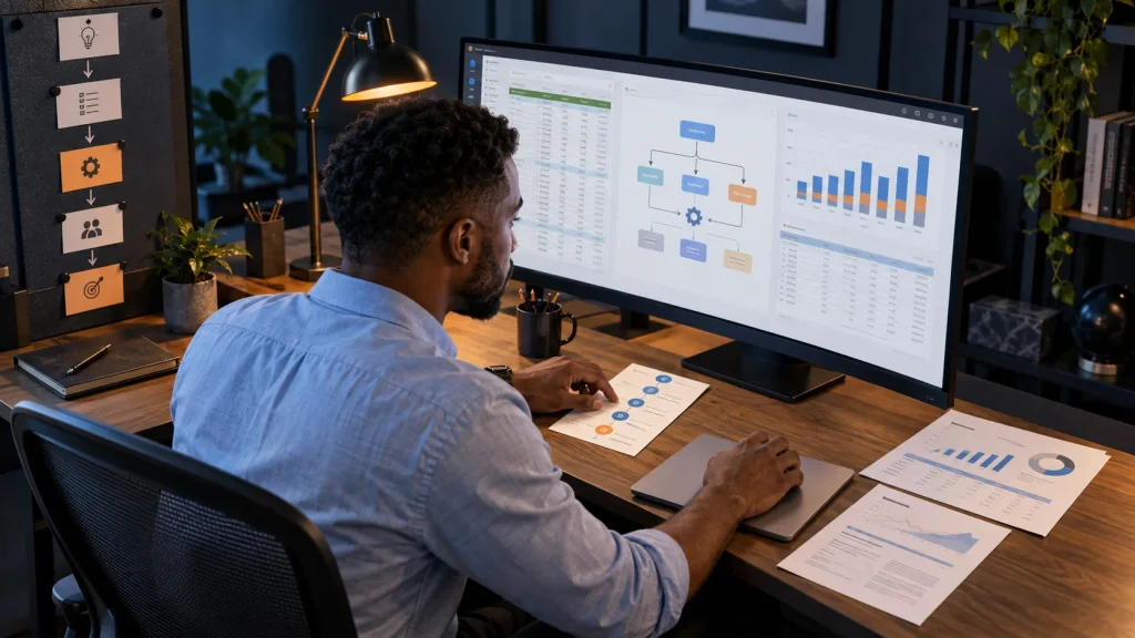 Illustrative scene of an analyst reviewing connected data, forecast and verification stages.