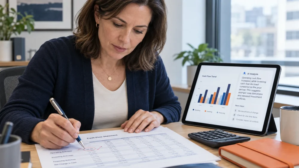 Illustrative scene of a finance professional comparing cash-flow information with an AI-assisted explanation.
