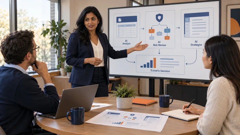 Illustrative scene of a finance lead coordinating analytical, risk-review and decision-planning work.