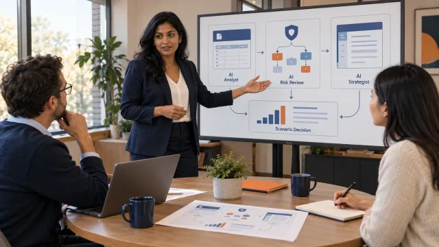 Illustrative scene of a finance lead coordinating analytical, risk-review and decision-planning work.