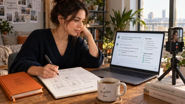 Illustrative Influencer 2-Day AI Intro scene: a focused AI-assisted task and reviewed first result.