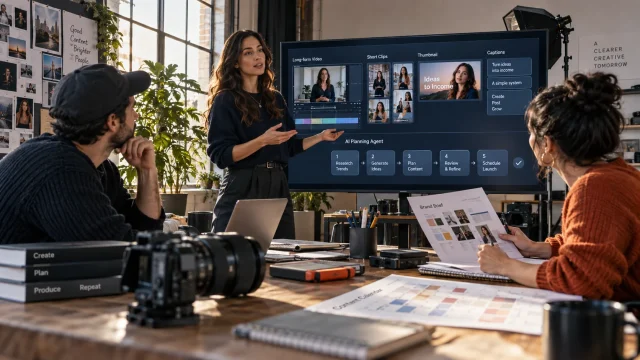 Illustrative Influencer 10-Day AI MasterClass scene: a creative owner coordinating a team and reviewing a complete AI-assisted project.