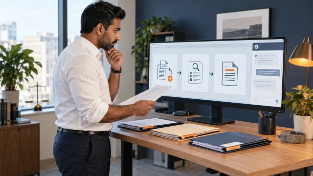Illustrative scene of an attorney checking a connected intake, research and drafting workflow.