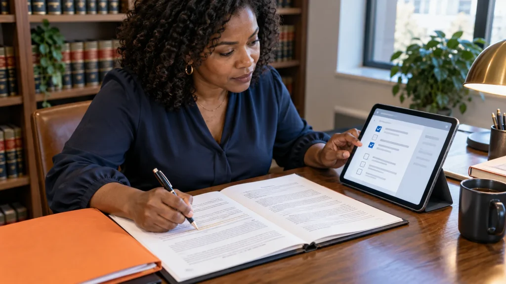 Illustrative scene of an attorney reviewing a contract with a structured digital issue checklist.