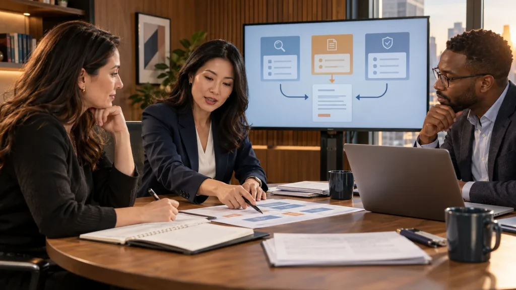 Illustrative scene of an attorney coordinating research, drafting and verification with a matter-review team.
