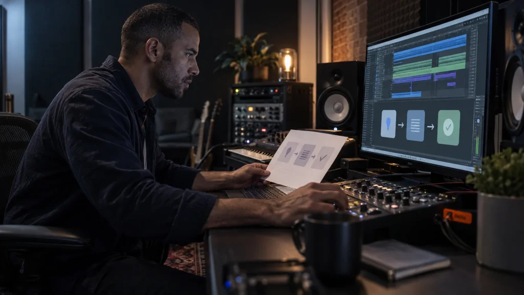 Illustrative scene of a music producer testing a connected arrangement and review workflow in a production studio.