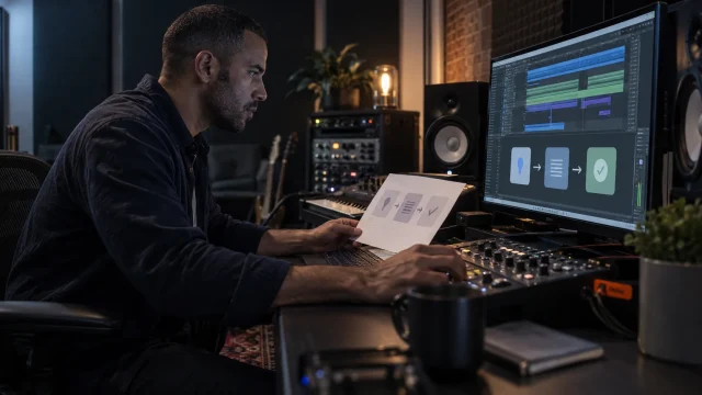 Illustrative scene of a music producer testing a connected arrangement and review workflow in a production studio.