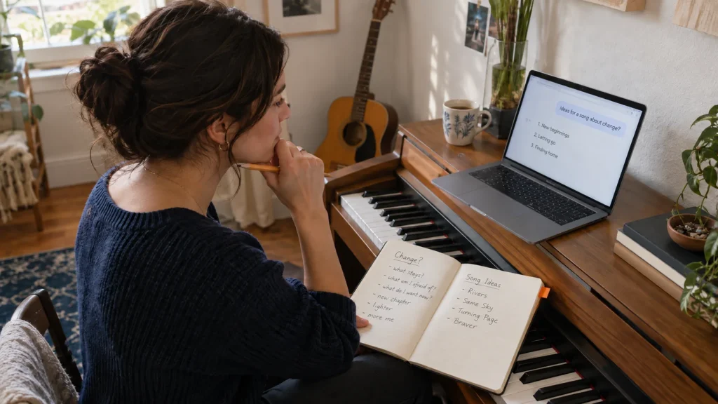 Illustrative scene of a musician turning handwritten song ideas into a focused AI brief at a home keyboard.