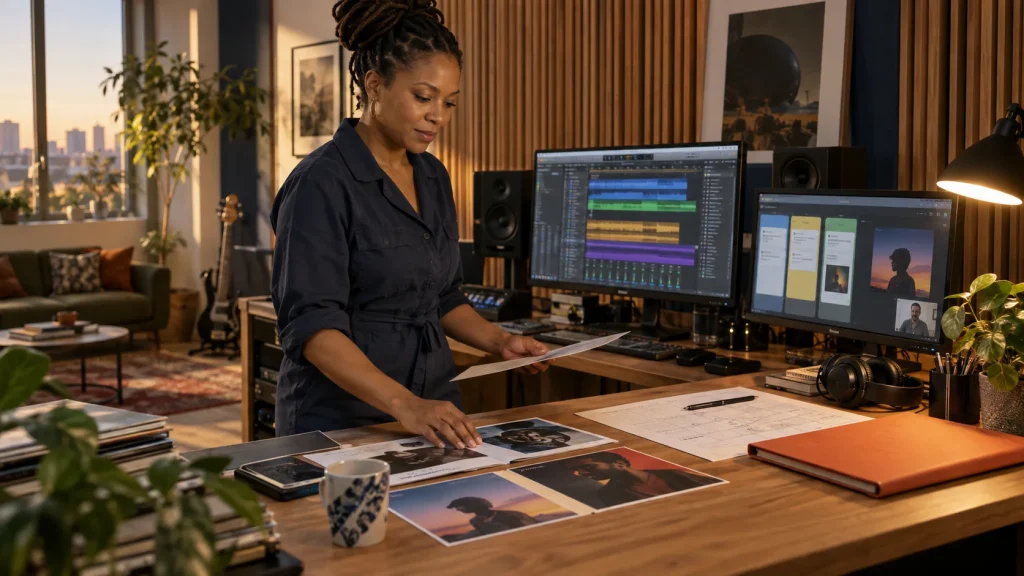 Illustrative scene of a music creator directing a finished track review and coordinated release materials in a listening room.