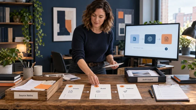 Illustrative Professionals Intensive scene: a practitioner connects intake, drafting and review into a repeatable workflow.