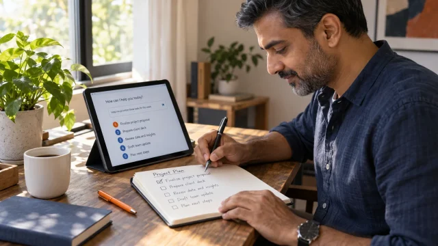 Illustrative Professionals Intro scene: working notes become a structured prompt and a useful, reviewed task plan.