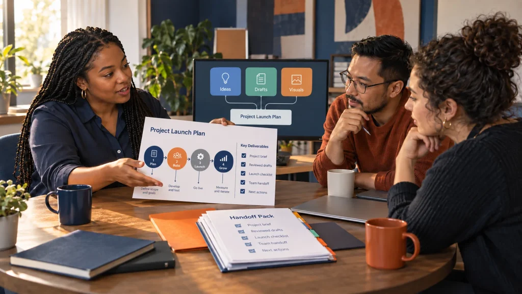 Illustrative Professionals AI MasterClass scene: a coordinator directs a complete project and reviews its handoff with collaborators.