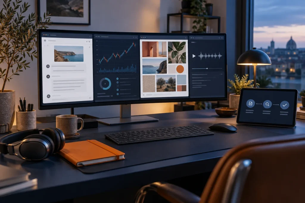 Illustrative workstation showing research, analysis, visual design and audio tools.