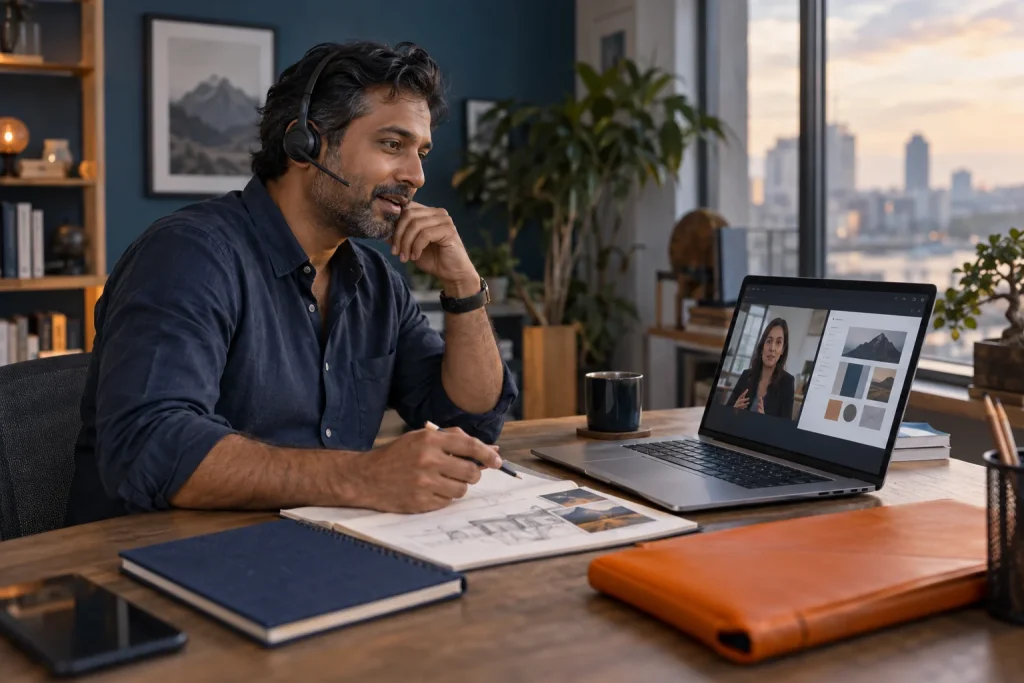 Illustrative scene: a professional discussing a project in an online consultation.