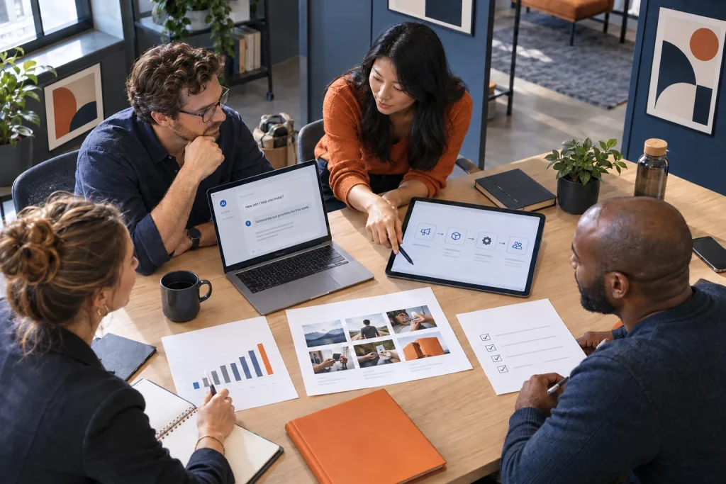Illustrative scene: colleagues reviewing finance, creative and operations work together.