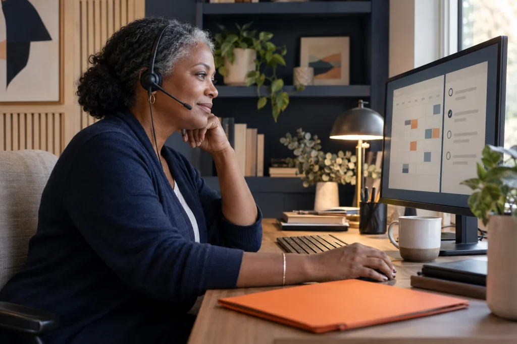 Illustrative scene: an advisor listening while reviewing a class schedule.