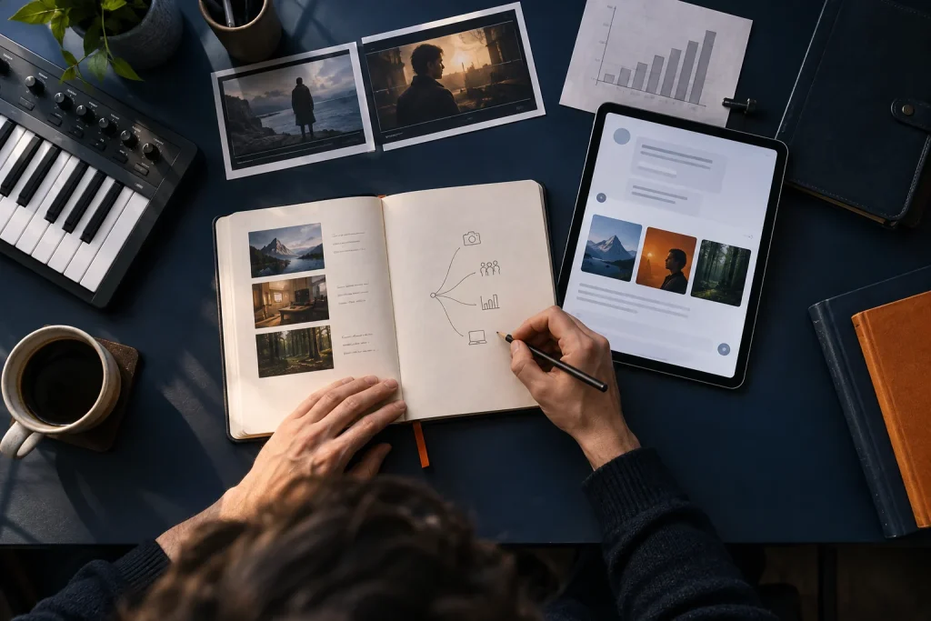 Illustrative workbench with legal, music, finance and film materials around an AI learning plan.