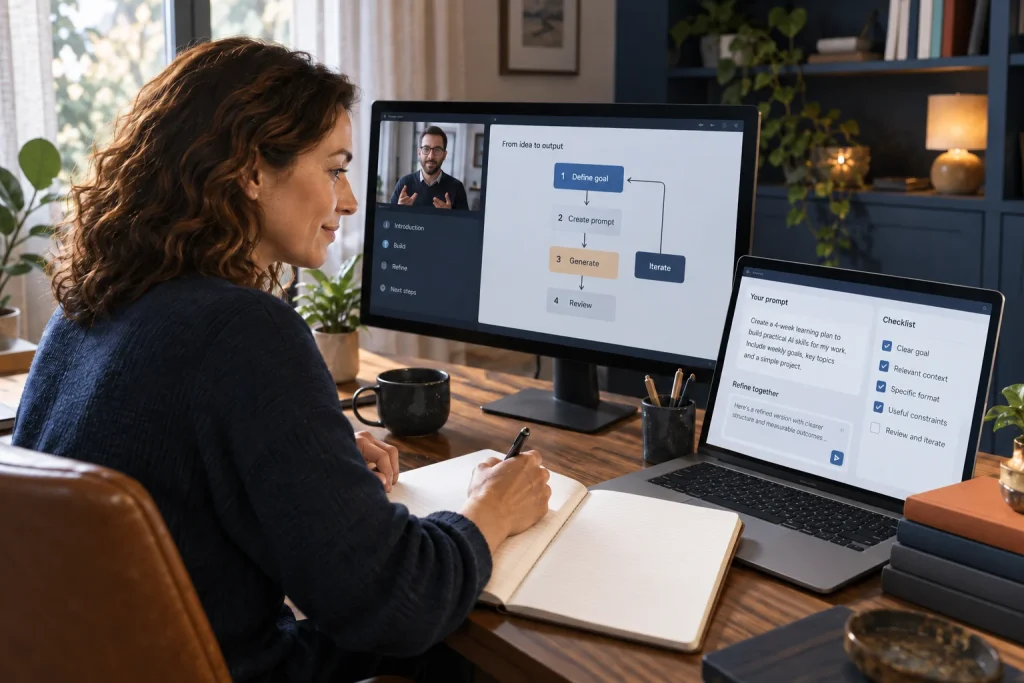 Illustrative scene: a learner practicing structured prompts alongside a live online instructor.