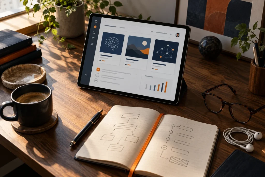 Illustrative workspace with a personal learning dashboard and workflow notebook.