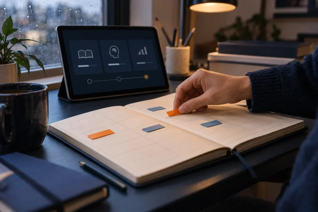 Illustrative scene: a person adjusting a learning planner with an orange marker.