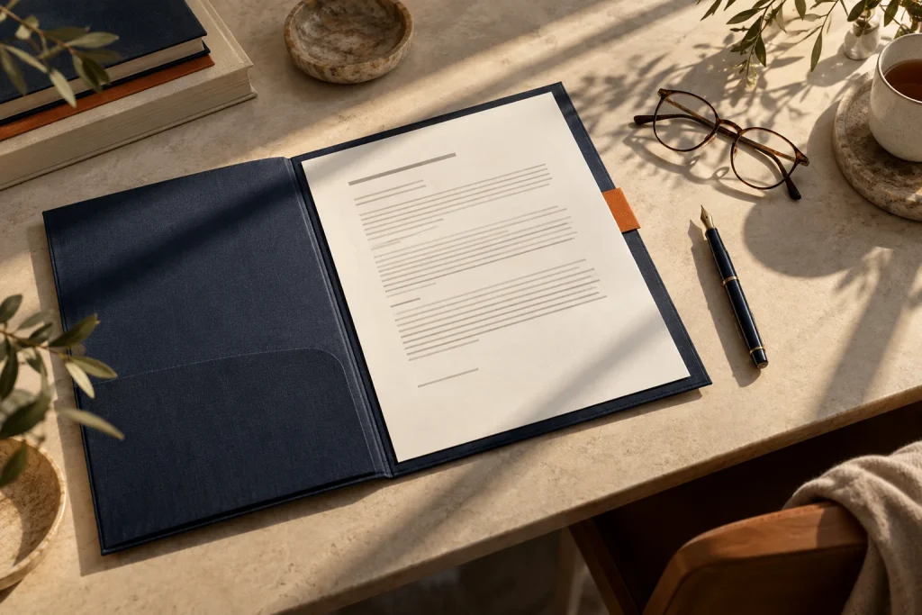 Illustrative still life of an enrollment agreement, reading glasses and pen.