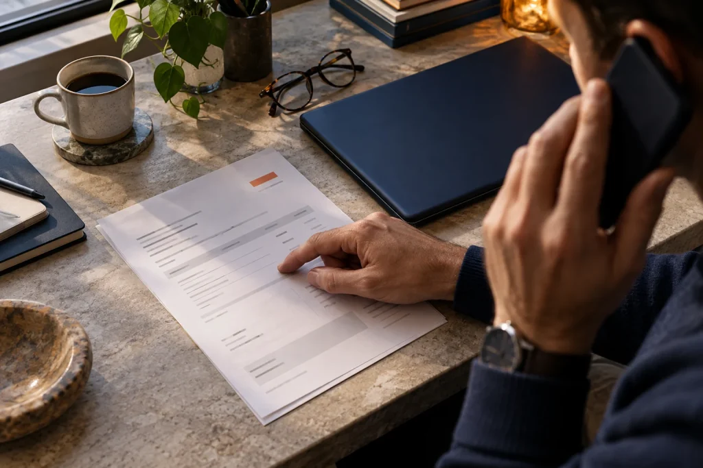 Illustrative scene: a person verifying invoice instructions by phone before payment.