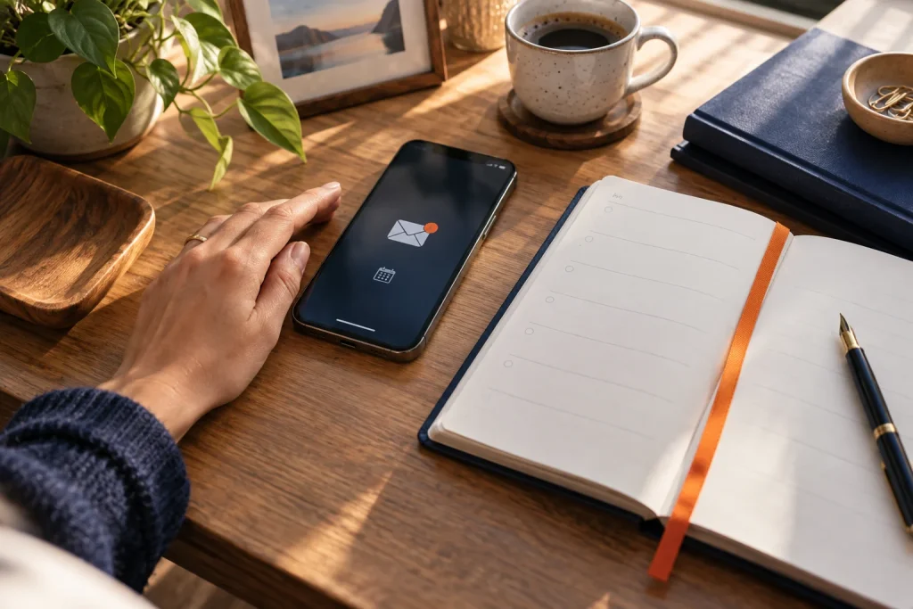 Illustrative scene: a class notification beside a personal learning planner.
