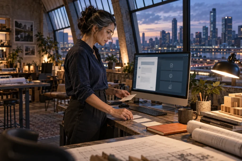 Illustrative scene: a professional planning AI workflows in a city workspace at dusk.