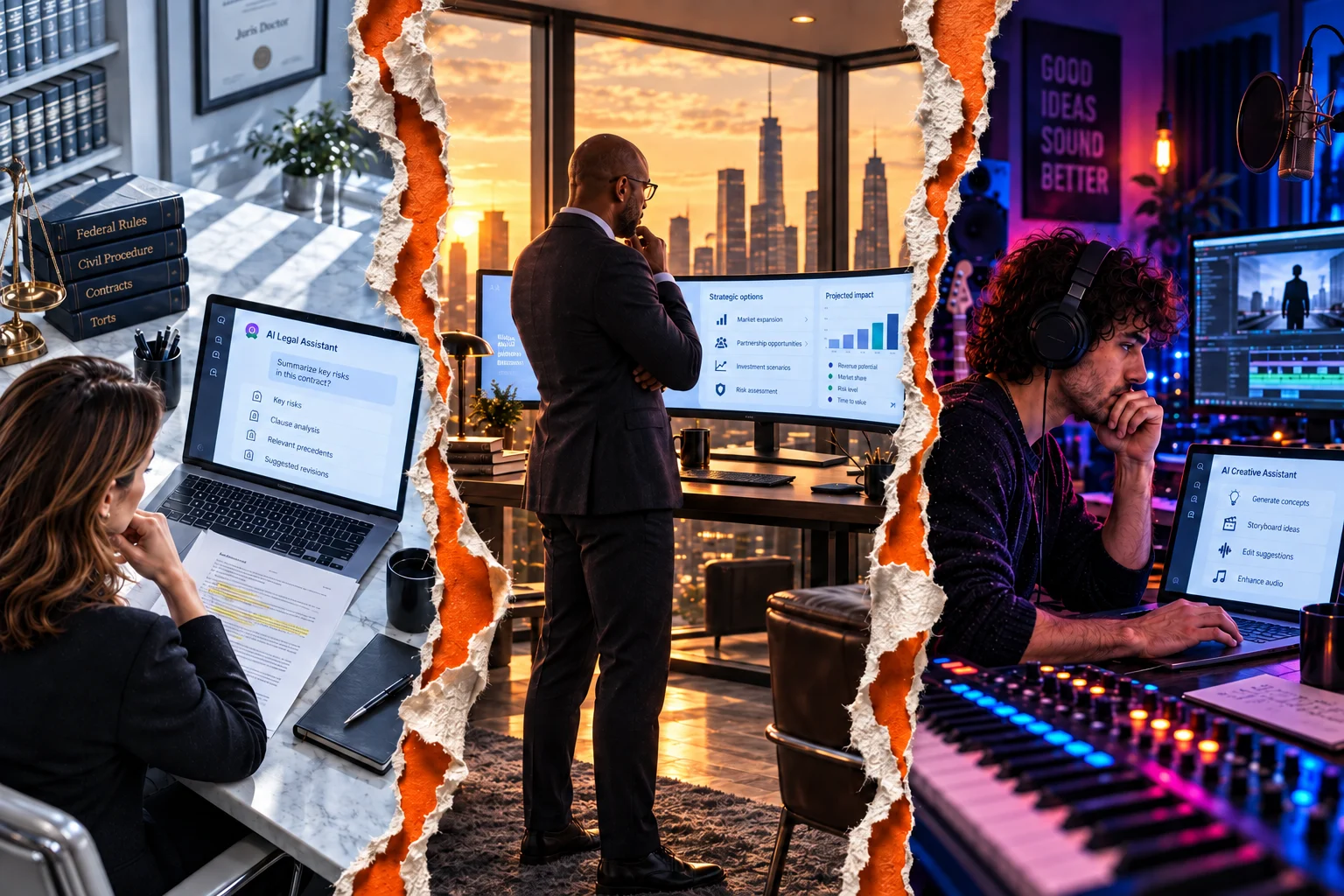 Illustrative AI workspaces joined by thick, fibrous orange-backed paper tears: a cool daylight legal library, an amber sunset executive office with a curved 49-inch super-ultrawide monitor, and a vivid cyan-and-magenta music and film studio.